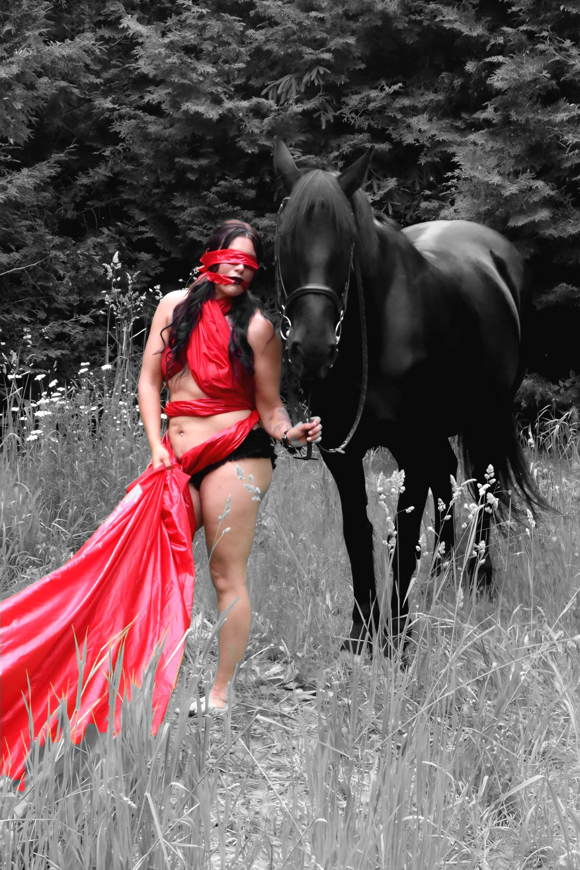 Person in a red flowing dress stands beside a black horse in a grassy field.