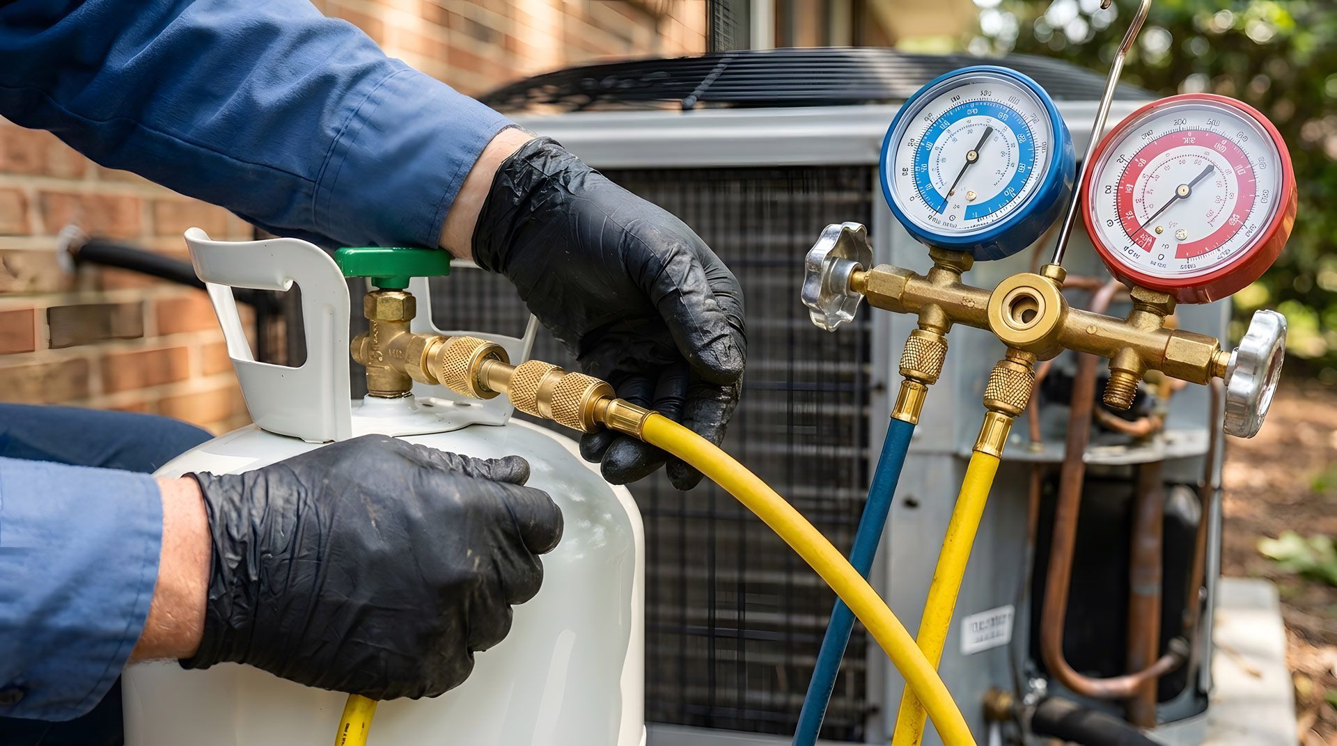 HVAC technician performing emergency air conditioning repair with gauge set for a White House, TN homeowner HVAC technician performing emergency air conditioning repair with gauge set for a White House, TN homeowner