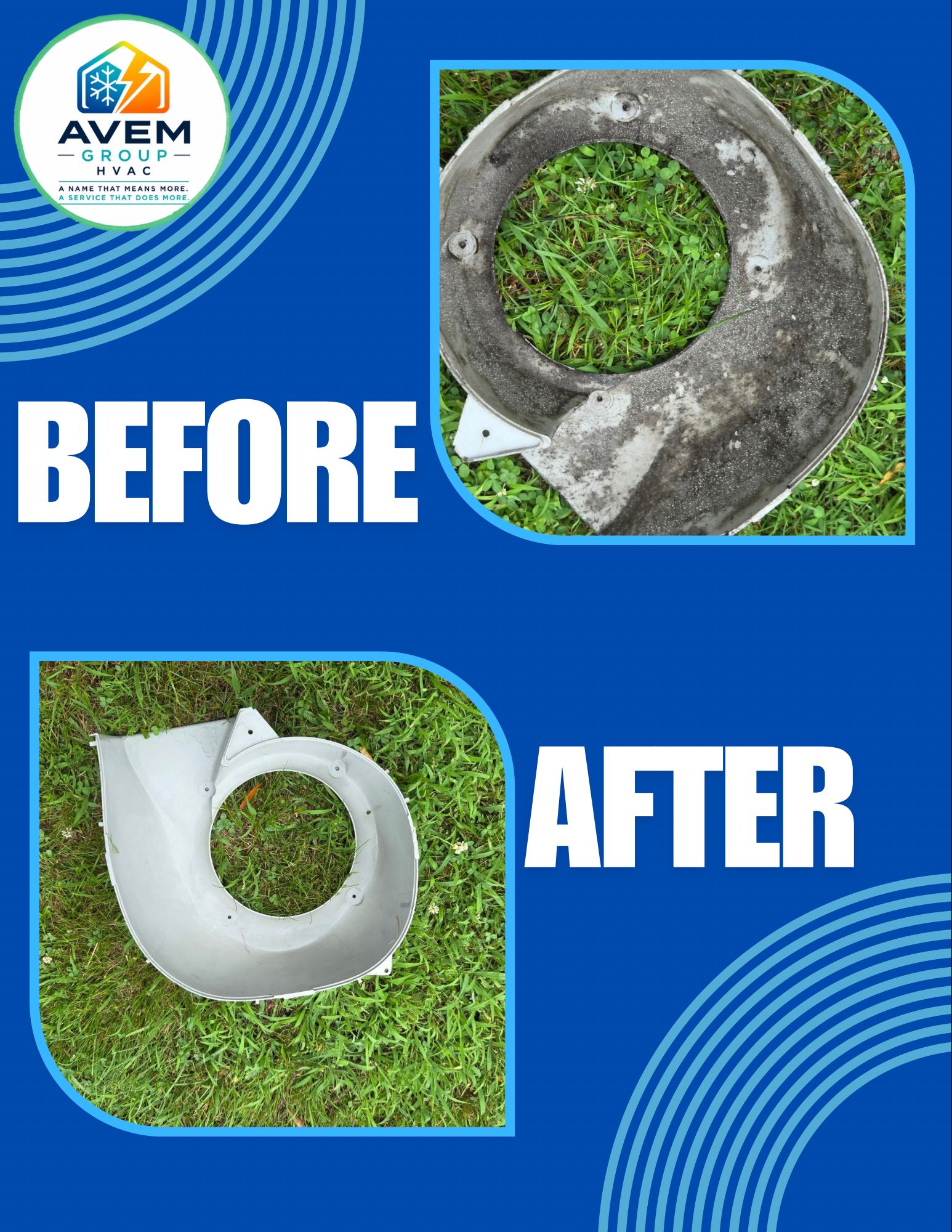 Before-and-after of a worn concrete ring repaired with a white patch on grass, with AVEM logo.