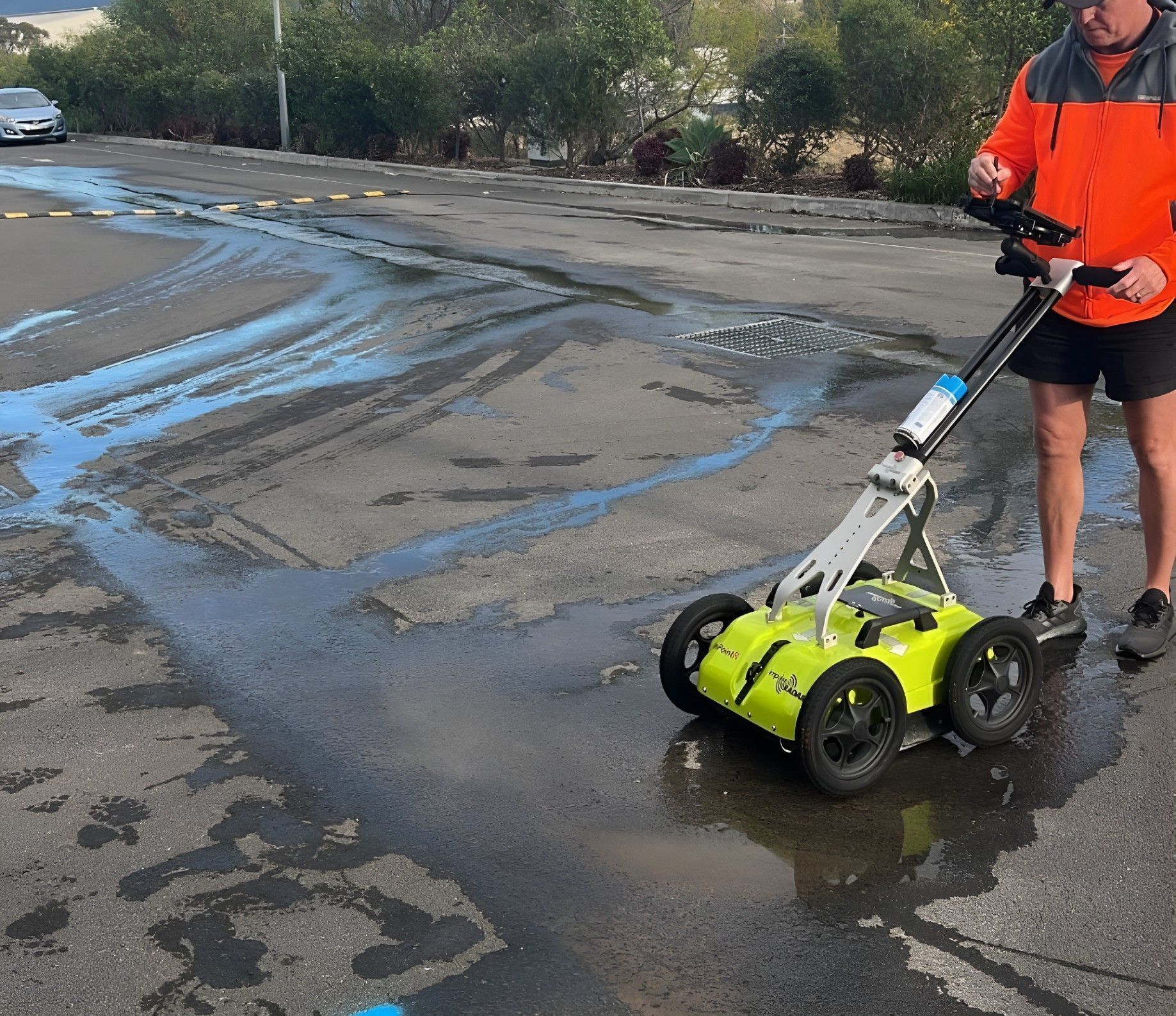 Person using a yellow and black ground-penetrating radar on wet asphalt, in an outdoor setting.
