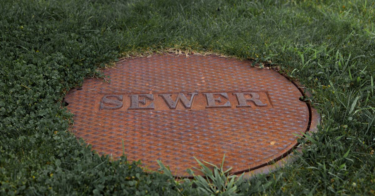 Round orange sewer manhole cover in grass with “SEWER” embossed on top