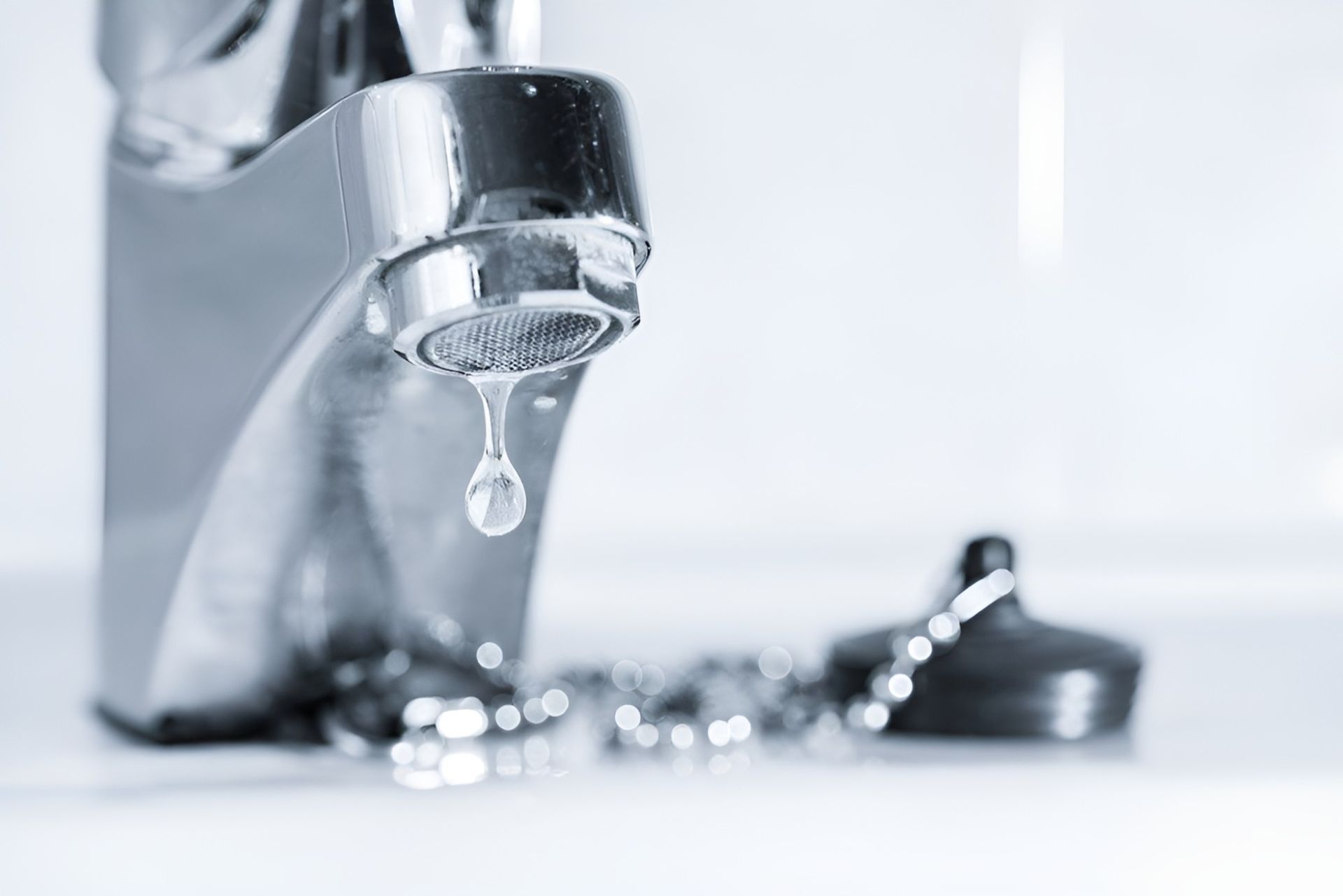 Chrome faucet with a water droplet falling.