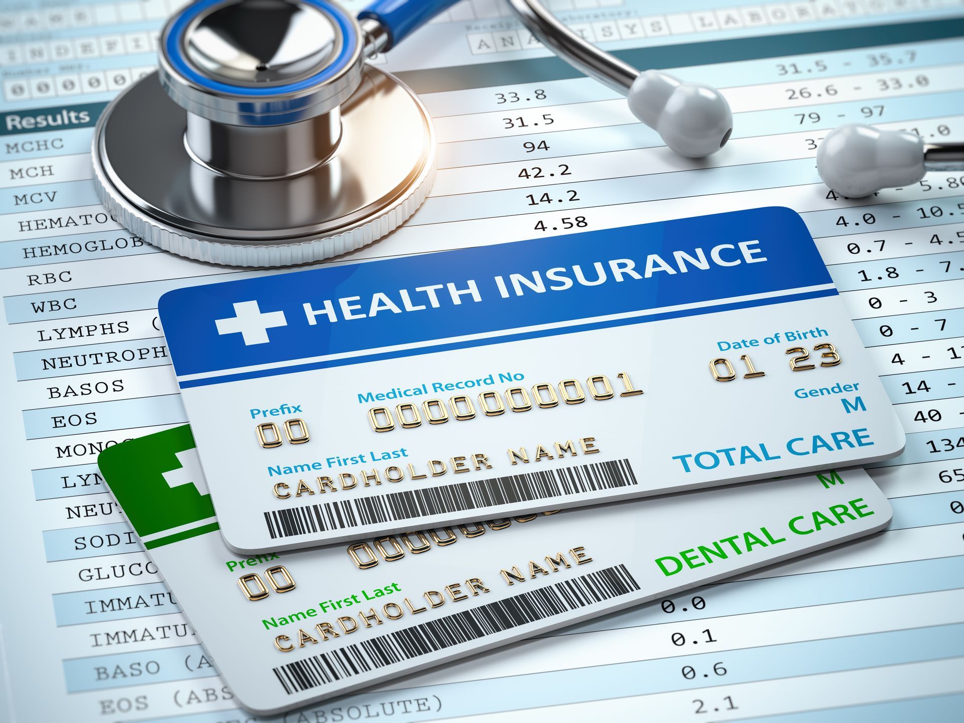 Health insurance cards with stethoscope on medical documents