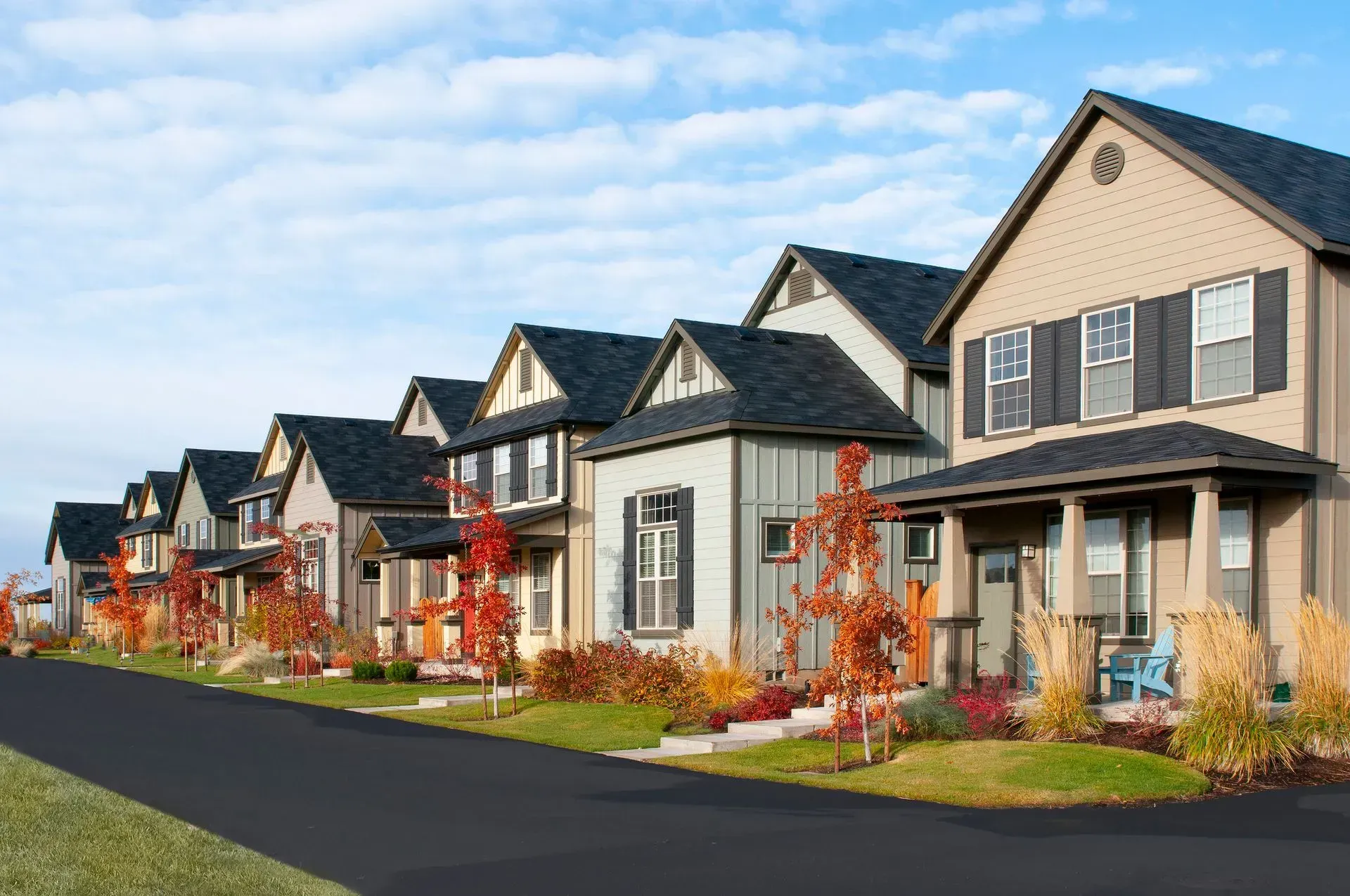 Row of modern suburban houses with small landscaped front yards and autumn-colored trees