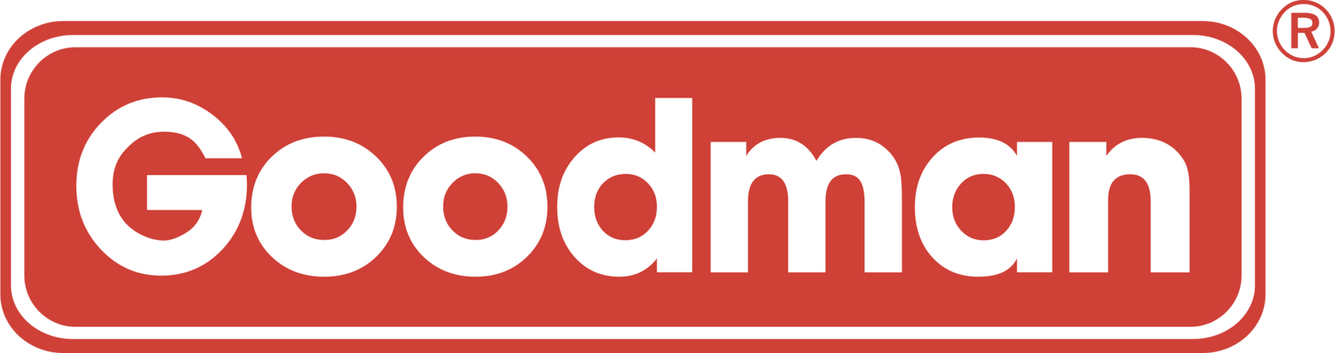 Goodman logo in white text on a red, rectangular background, with a rounded white border.