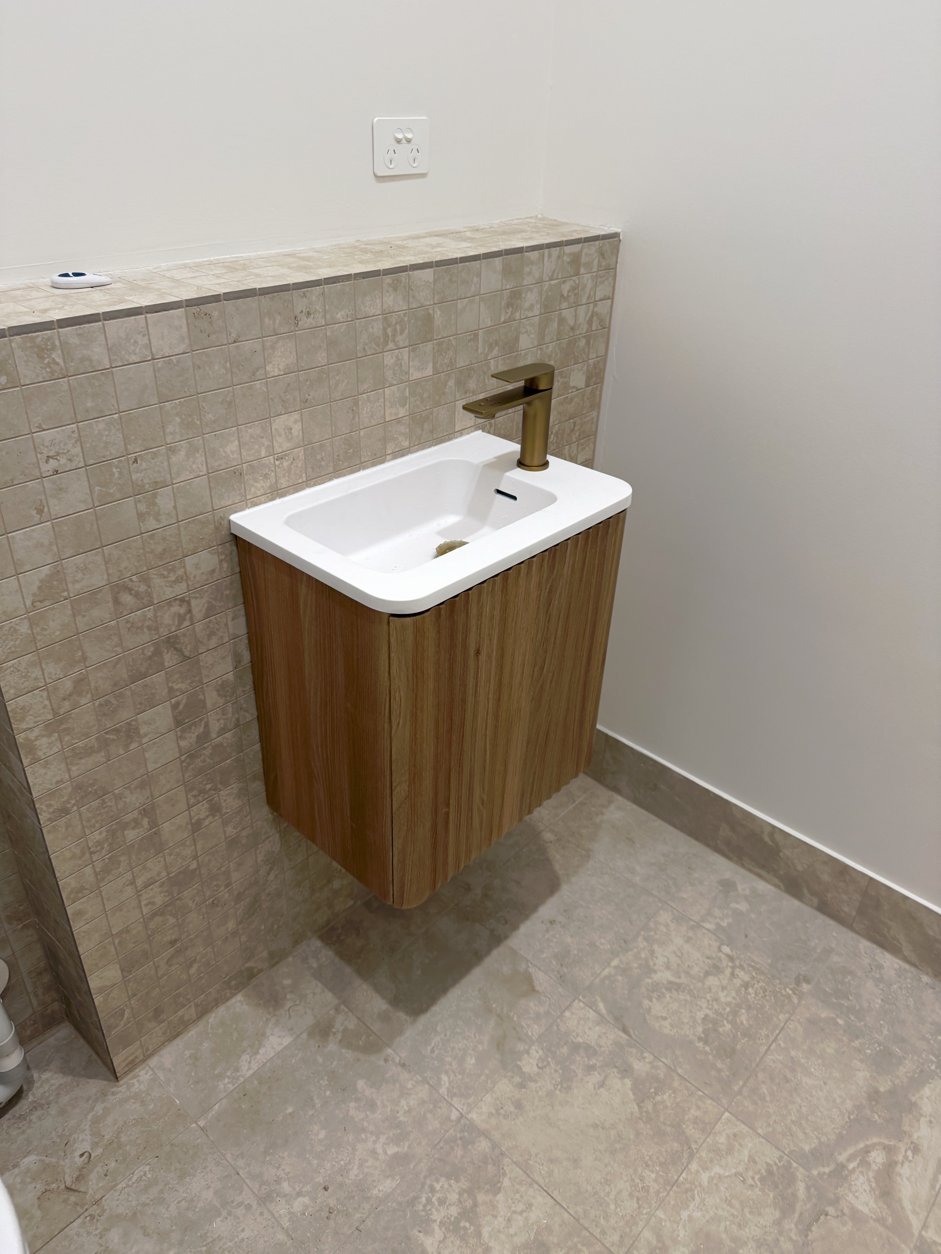 Bathroom Sink With Wooden Material — Fair Plumbing In Kembla Grange, NSW