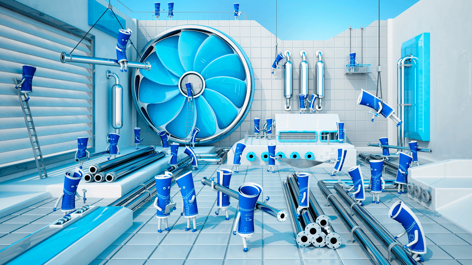 Blue-toned industrial room. Large fan, pipes, and various blue & silver machines.