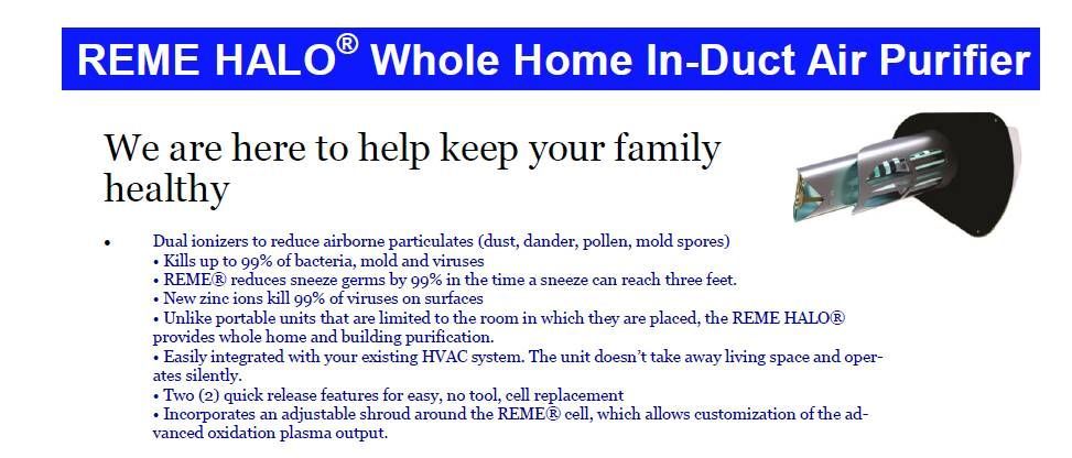 An ad for a REME HALO whole home air purifier. Text: