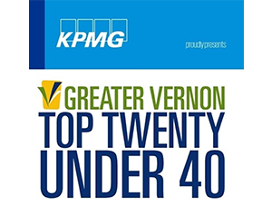 A blue sign that says kpmg greater vernon top twenty under 40