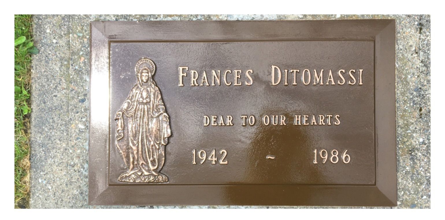 A gravestone for frances ditomassi who died in 1986