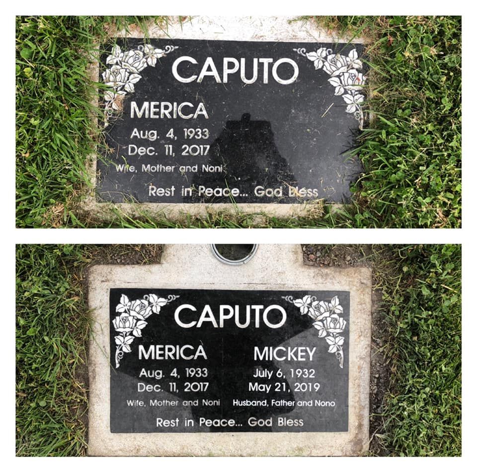 A before and after picture of a gravestone for merica and mickey caputo