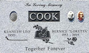 A gravestone for a man named cook and a woman named bernice.