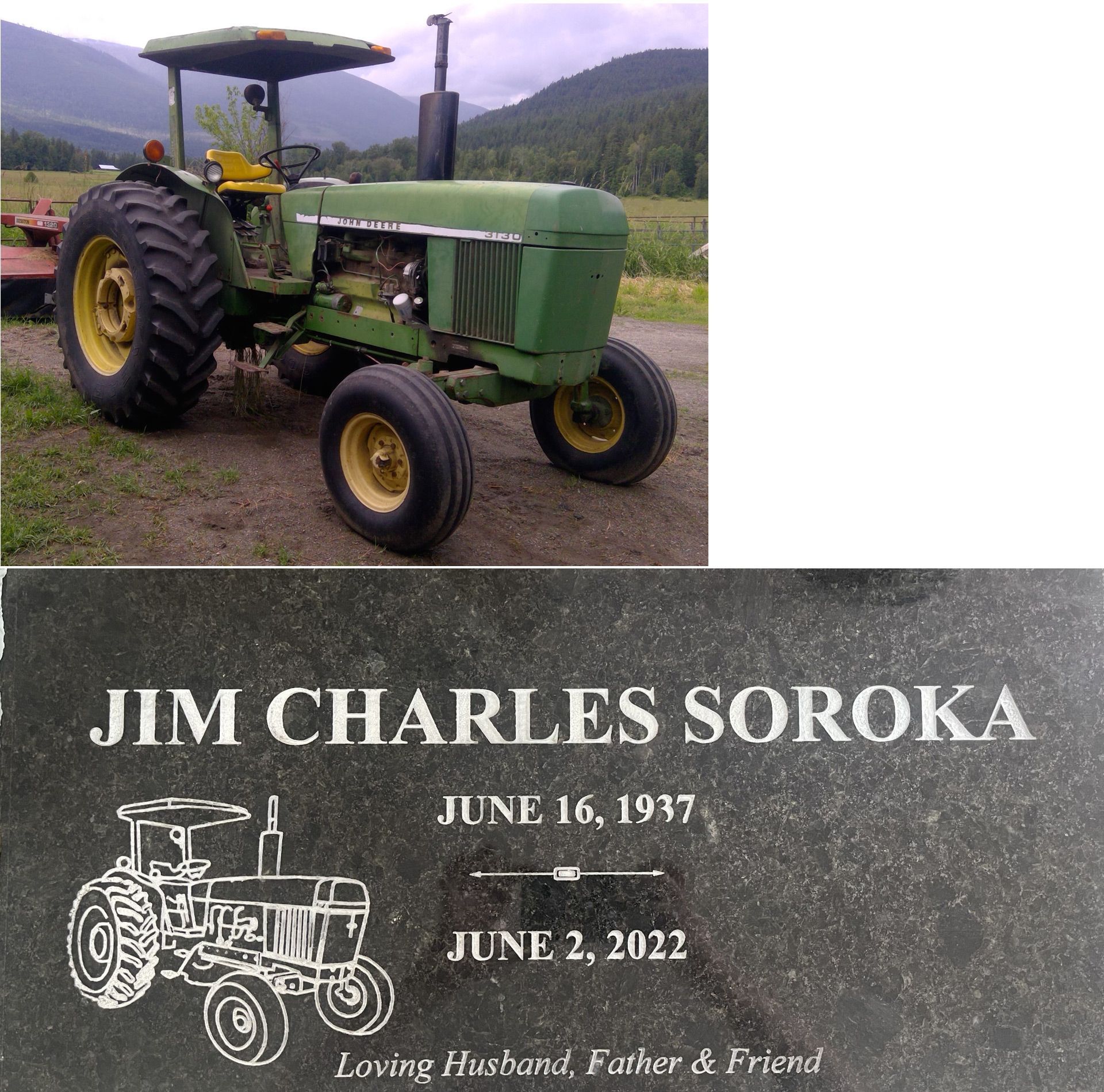 A picture of a green tractor next to a gravestone for jim charles soroka