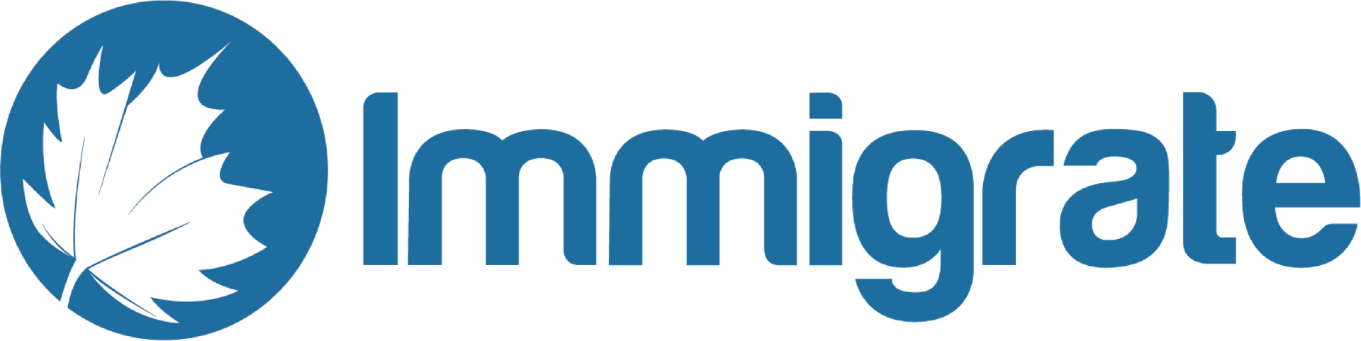 A blue logo for immigrate with a maple leaf on it