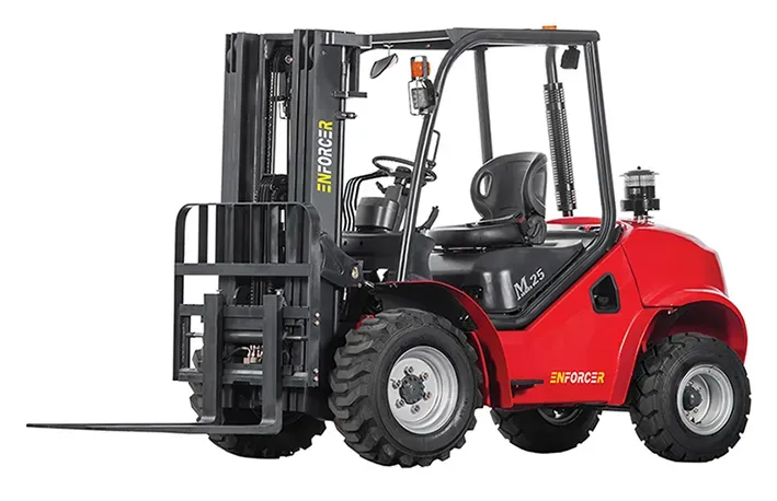 Red forklift truck with black mast and cab on a white background.