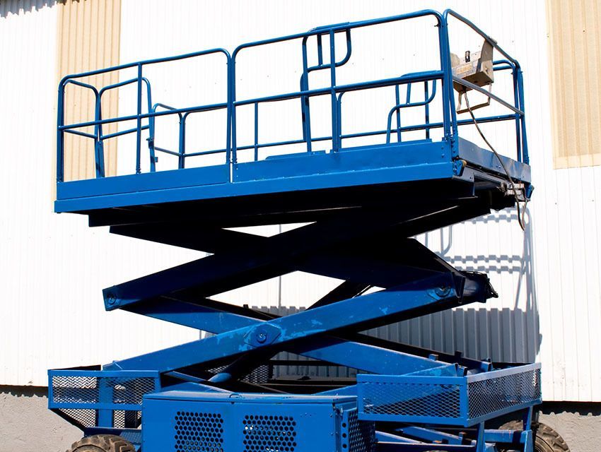 Blue Scissor Lift Platform Raised High With Safety Railings and Open Access Gate — Lifters Hire in Cambridge, TAS