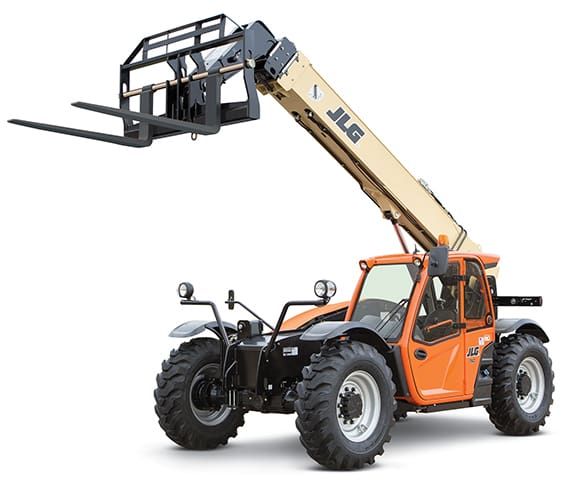 Orange telehandler with raised boom and forks on white background