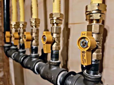 A row of gas pipes with yellow valves attached to them.