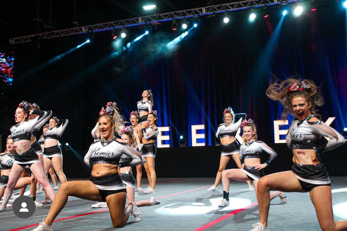A group of cheerleaders are performing on a stage.