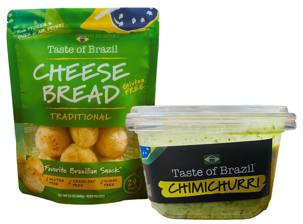 A bag of cheese bread next to a container of cheese bread