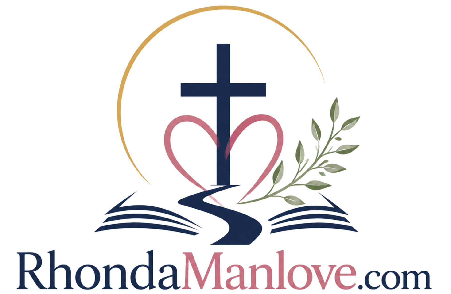 RhondaManlove.com logo with cross, heart, olive branch, and open Bible in navy, pink, gold, and green