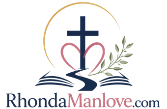 RhondaManlove.com logo with cross, heart, olive branch, and open Bible in navy, pink, gold, and green