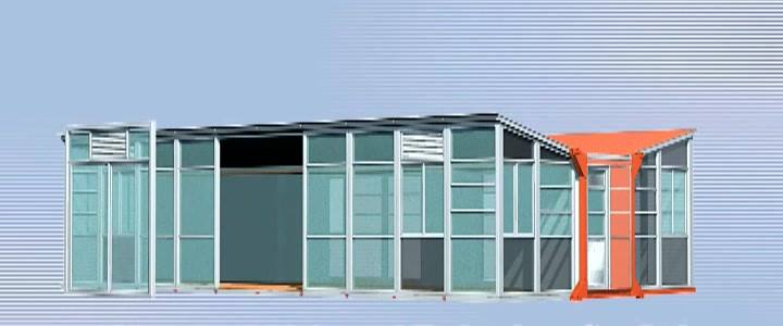 A modern building with glass walls, and a separate orange structure. Blue background.
