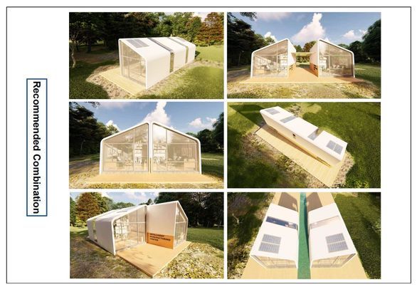 Six architectural renderings of a modular greenhouse design with solar panels.