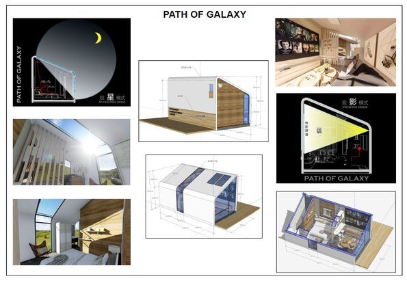 Architectural renderings and interior designs, showcasing modern home concepts with angled walls and ample natural light.