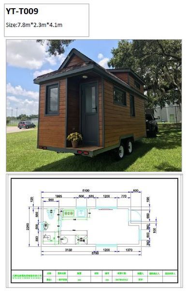 Tiny brown house on wheels with a diagram of the floor plan.