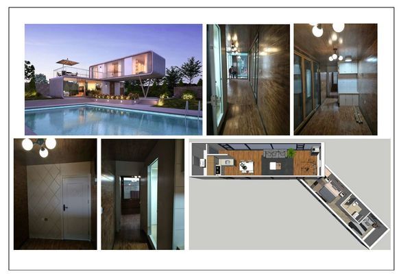 Modern home with a pool, interior hallways, and a floor plan.