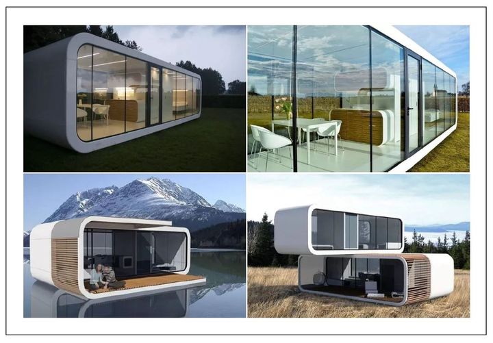 Four modern, modular homes with curved roofs and large glass walls. Set in various natural landscapes.