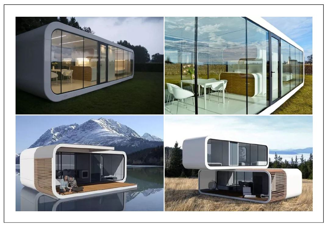 Four modern, white, curved-edge homes with large glass windows, set in various outdoor locations.
