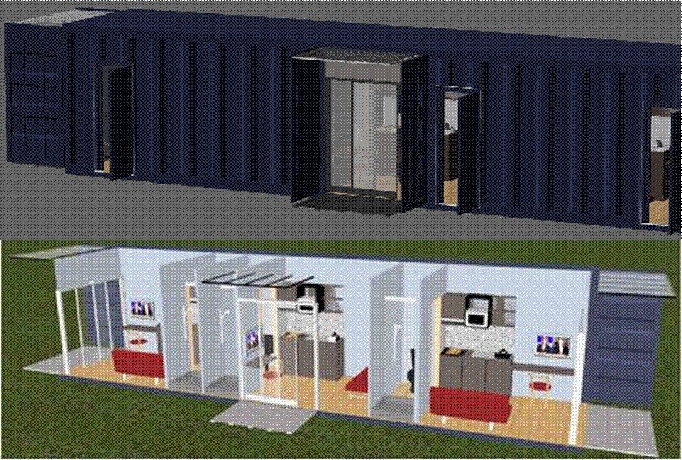 Blue shipping container home exterior and interior rendering, showing rooms, kitchen, and furnishings.
