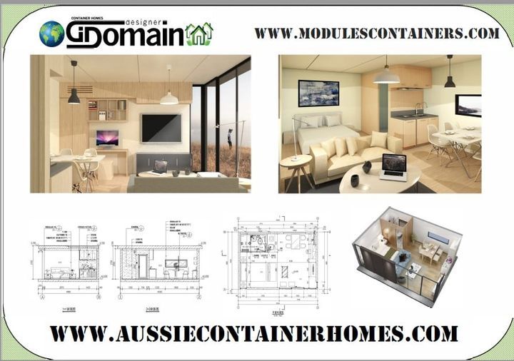 Renderings of modular container home interiors and blueprints with website addresses.
