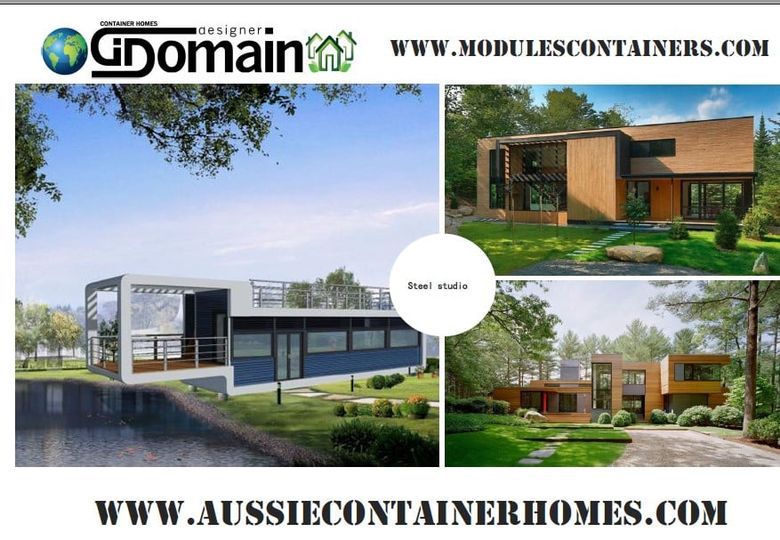 Promotional graphic showcasing modular container homes in various outdoor settings.