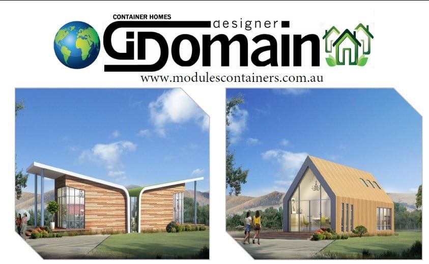 GDomain modules containers, modern home designs. Blue sky background.  Two architectural renderings of homes.