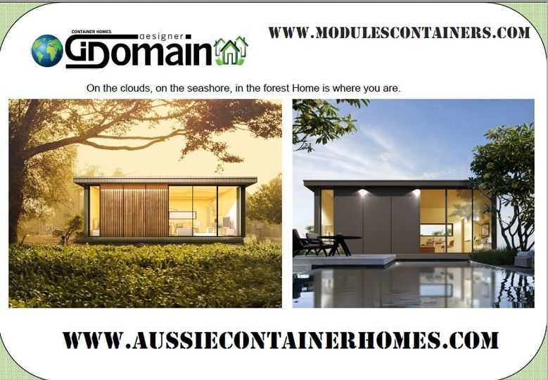 Two modern modular homes with glass walls, set in natural outdoor settings.