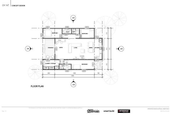Floor plan of a house with labeled rooms: bedrooms, living area, kitchen, and bathroom.