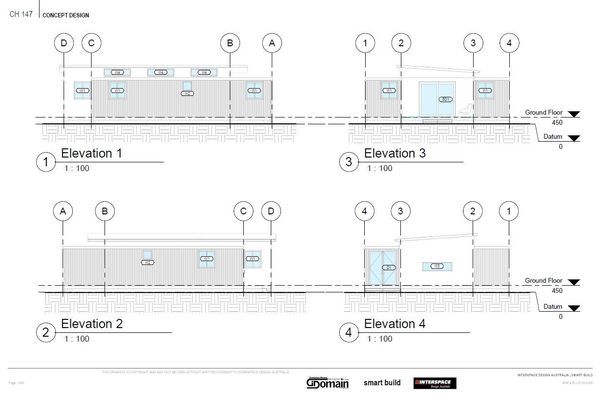 Architectural elevations of a building, showing four views with labeled dimensions and building elements.