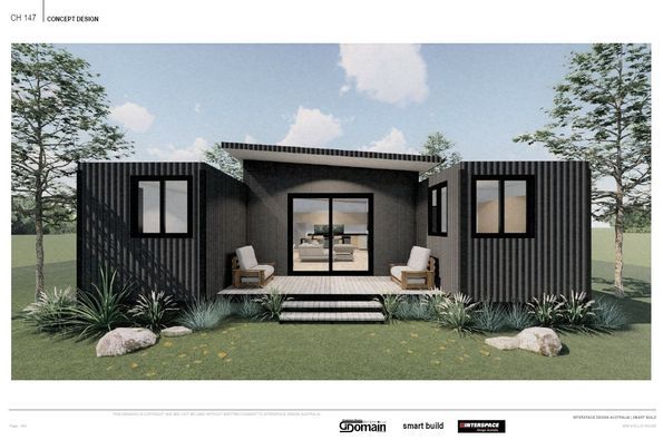Rendering of a modern black container home with a deck and sliding glass doors, in a grassy setting.