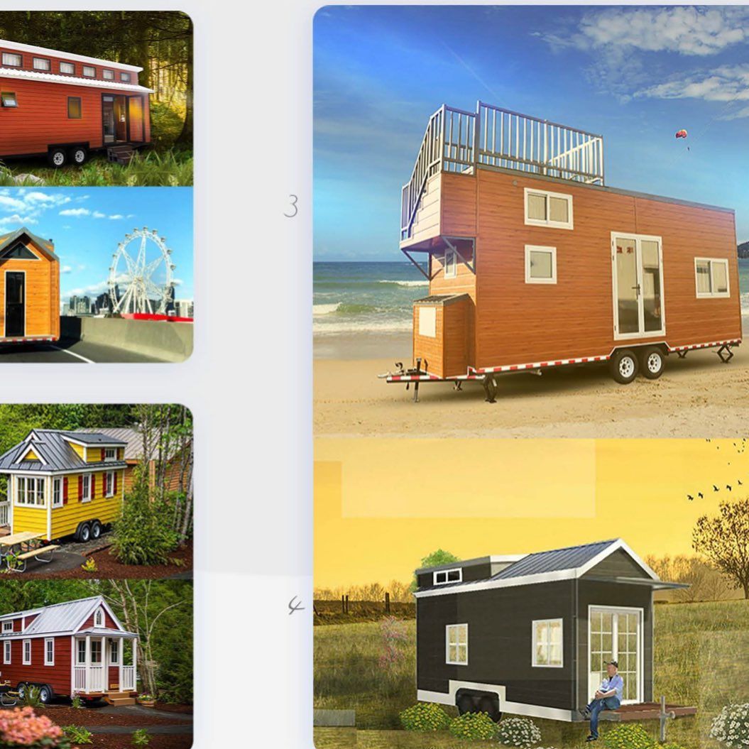 Tiny homes on wheels; diverse designs, settings range from beach to field, various colors and styles.