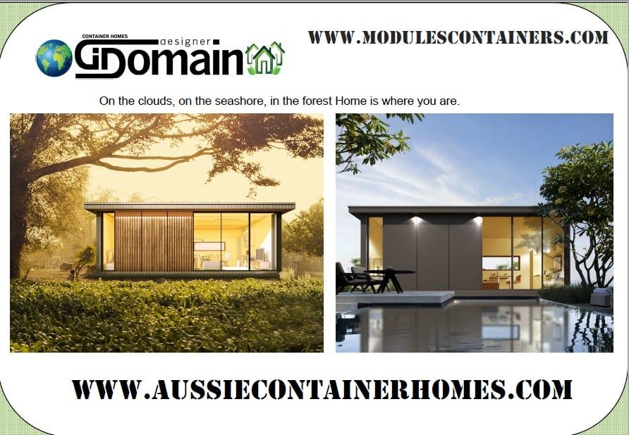 Two modern container homes surrounded by nature; text at top and bottom.