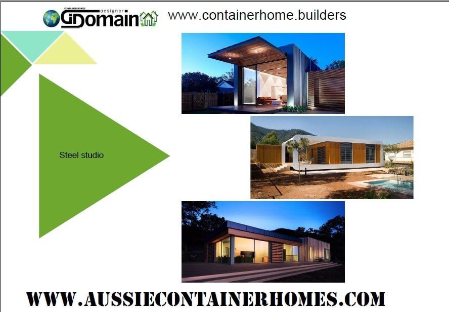 Container homes designs. Green and blue logo. Website links. Three home images.