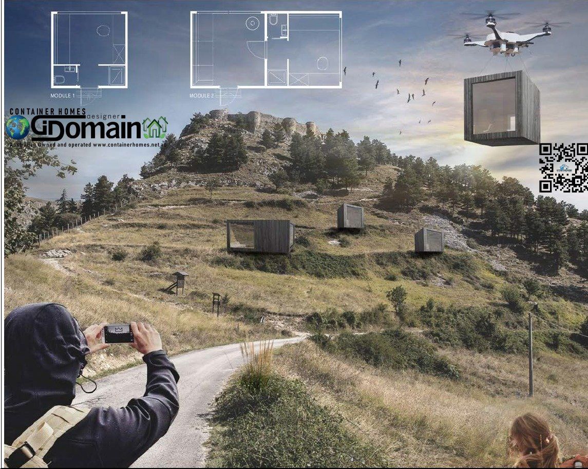 Drone delivering modular building to hilltop cabins. Person takes photo. Blue sky.