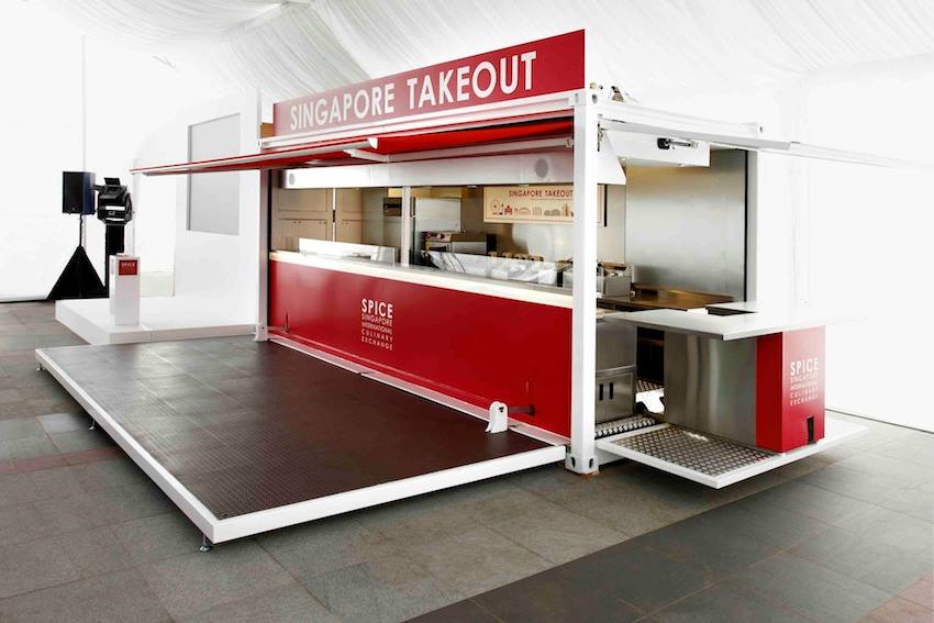 Singapore Takeout food stall; red and white exterior, open service area with counter.