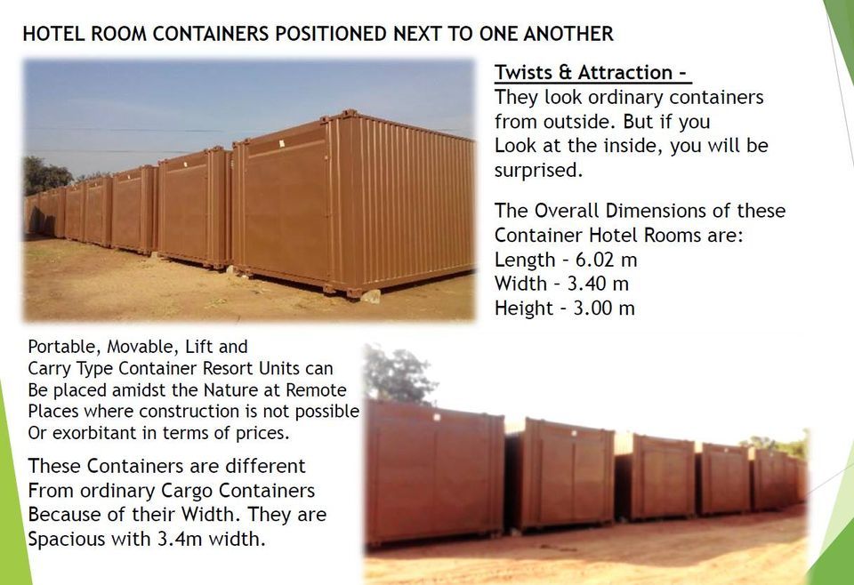 Brown shipping container hotel rooms positioned next to one another, outdoors. Text describes dimensions and features.