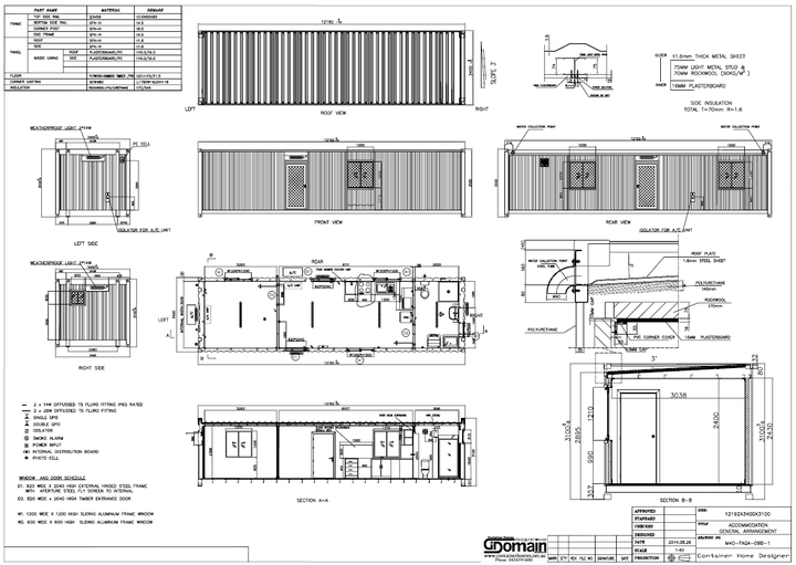 Architectural blueprint of a modular building, showing elevations, floor plan, and technical details.