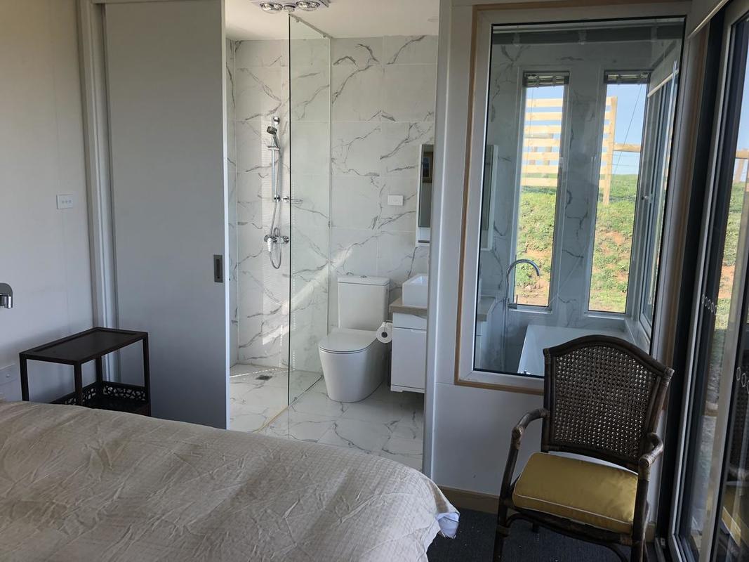 Bedroom with ensuite bathroom. Bed in foreground, open to bathroom with shower, toilet, and window.