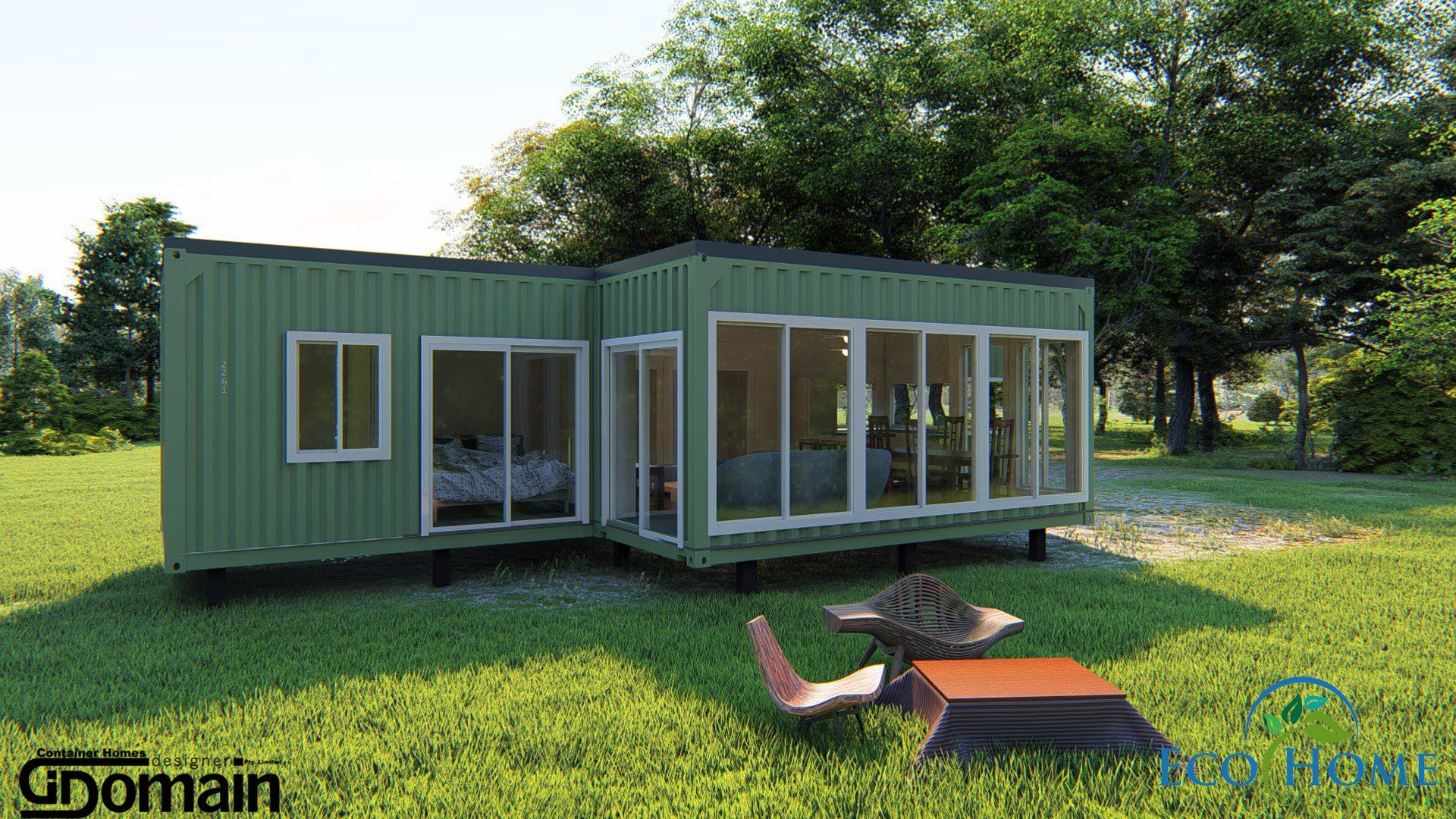 Green container home with large glass windows on grassy property.
